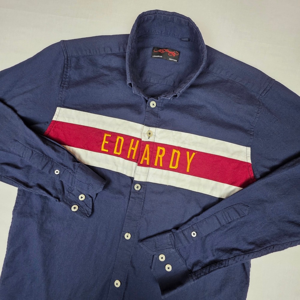 Ed Hardy Mens Long Sleeve Button Down Shirt Navy Blue Embroidered Logo Size M